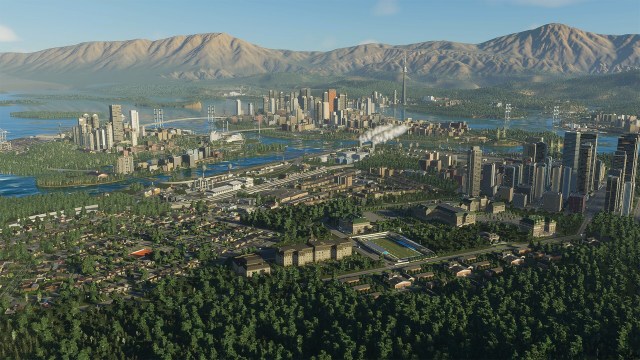 An overview of a town in Cities Skylines 2