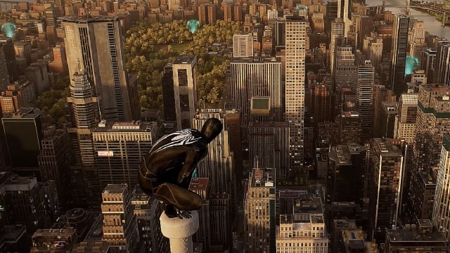 There is a shot of Spider-Man looking over the city from a tall building.