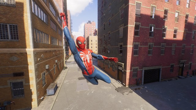 There is a shot of Spider-Man swinging through the city of New York.