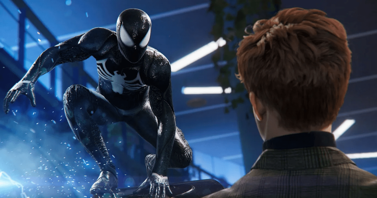 Spider-man 2 with peter parker in the symbiote suit talking to Harry Osborne