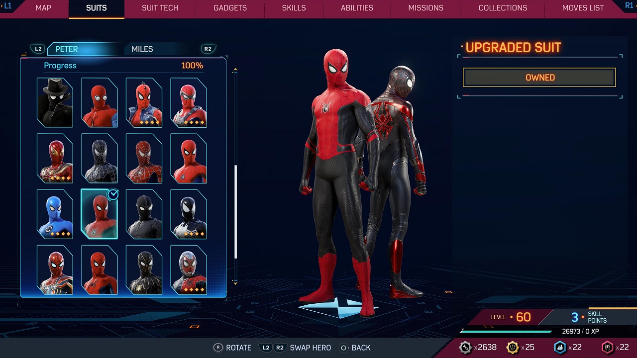 There is an image of a menu with the different spider suits. There are two Spider-Men standing there wearing spider suits. 