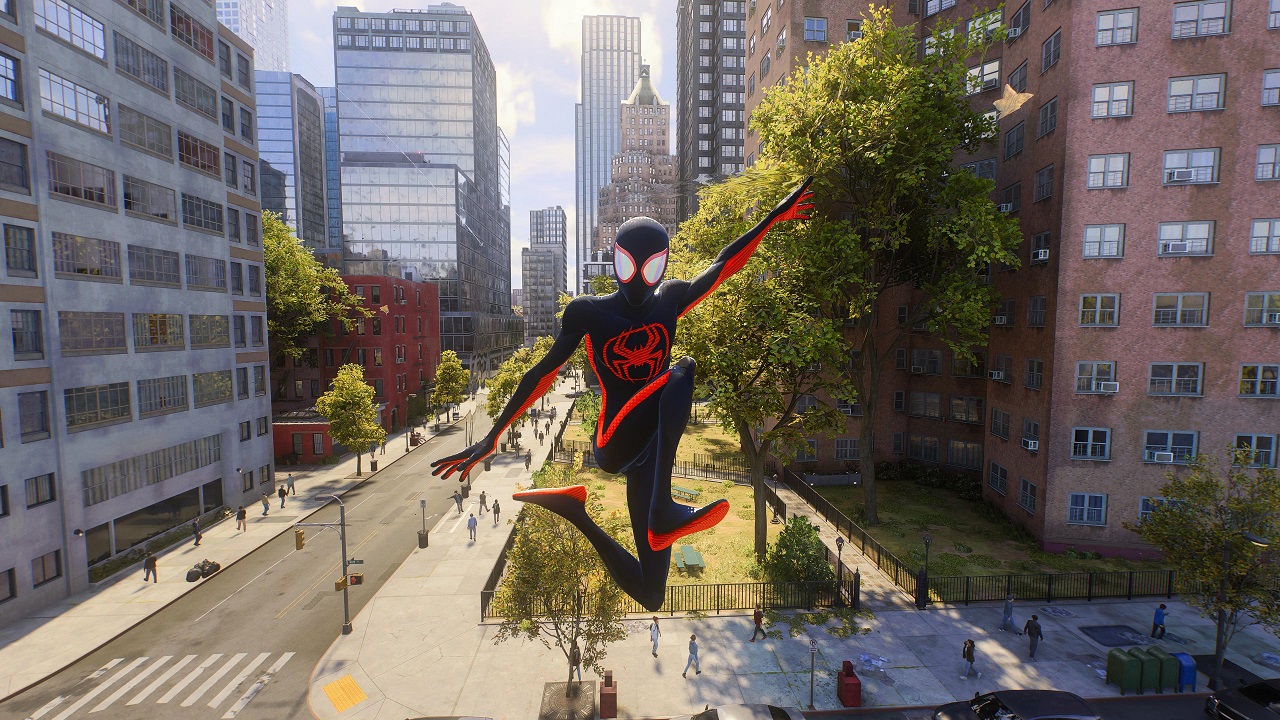 There is an image of Miles Morales swinging through the air.