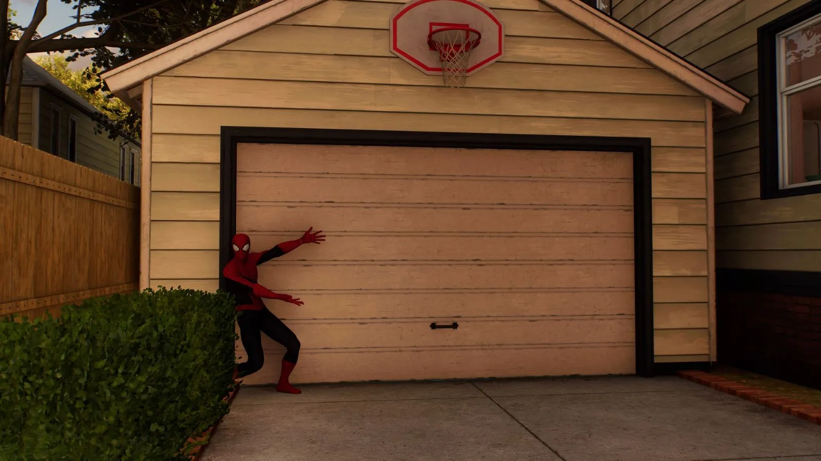 Spider-Man in front of his garage