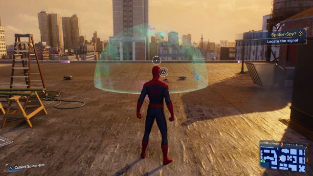 Spider-Man staring at a Spider-Bot while standing on top of a roof.