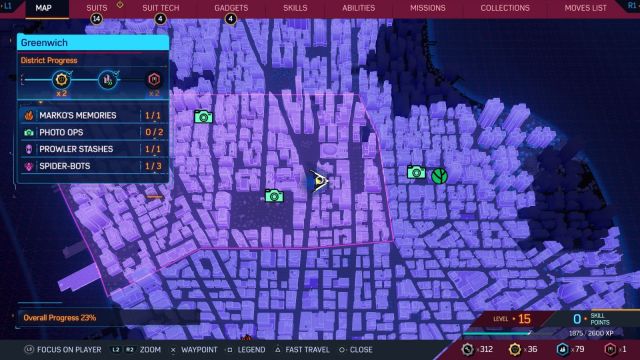 Map of Greenwich in Spider-Man 2 with district progress.