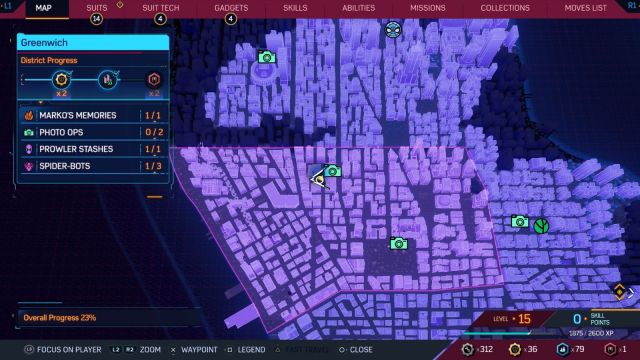 Map of Greenwich in Spider-Man 2 showcasing district progress.