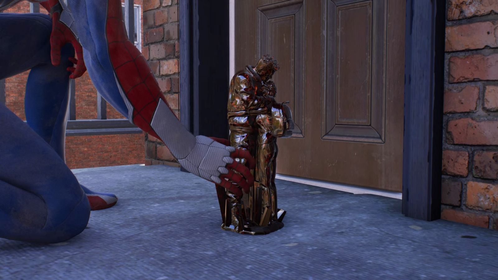 Spider-Man delivering a statue