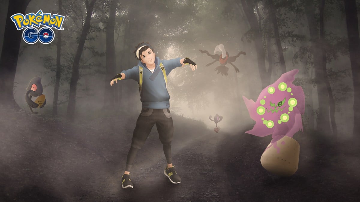 A Pokemon trainer getting spooked by Ghost-type Pokemon like Yamask and Spiritomb.