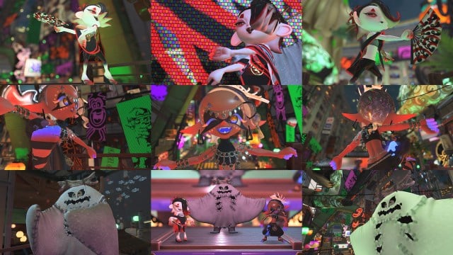 A collage of images featuring Splatoon 3's Deep Cut, dressed up as their respective Splatoween teams.