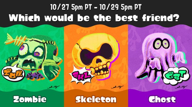 The theme for the Splatoween Splatfest: "Which would be the best friend?" Zobmies, Skeletons, or Ghosts?
