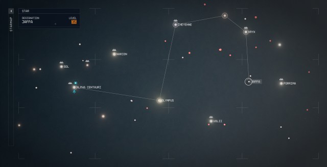 A screenshot of the Starmap in Starfield showing the location of the Jaffa star system.