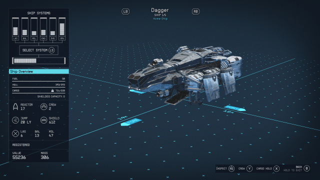 The stats and details for the Dagger ship in Starfield.