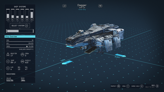 The stats and details for the Dagger ship in Starfield.