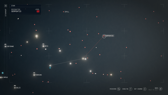 The galaxy map in Starfield showing a route to the Serpentis system.