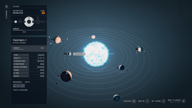 A system map in Starfield with the planet Heinlein I highlighted to the left of a blue star.