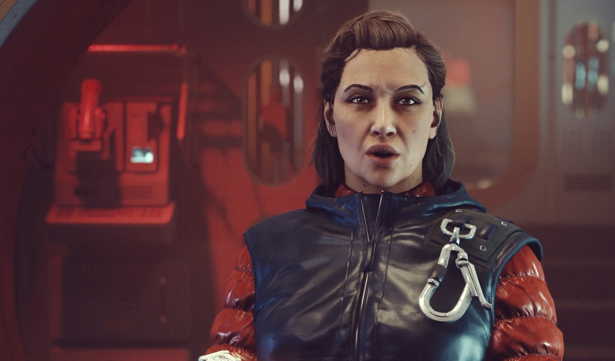 Betty Howser, a recruitable companion in Starfield, speaking to a character.