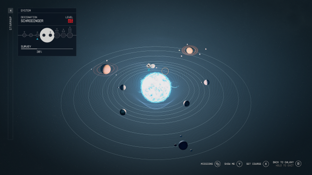 The Schrodinger system in Starfield, with the player marker in the orbit of Schrodinger III.