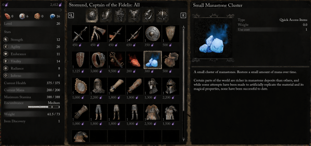 Stomund's inventory in Lords of the Fallen. His selection includes a number of weapons, consumable items, and armor. The description for Small Manastone Clusters shows on the right side of the screen.