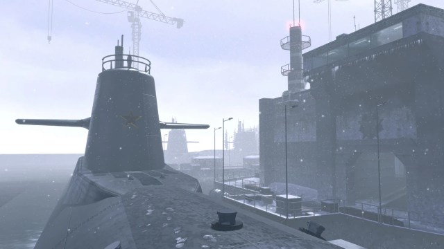 A Submarine docked alongside a building in the Sub Base map in Call of Duty.