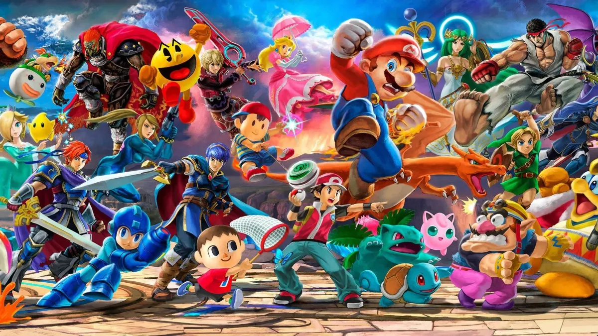 All the Super Smash Bros. characters posing in one big group