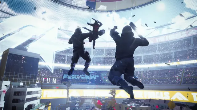 Three team members jumping into The Finals arena in a promo video. Image via Embark.