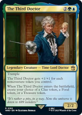 Image of The Third Doctor holding a sword and lunch through The Third Doctor MTG Doctor Who Commander Precon set Blast From the Past