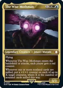 Image of Mothman with purple insect eyes through MTG Fallout Commander The Wise Mothman