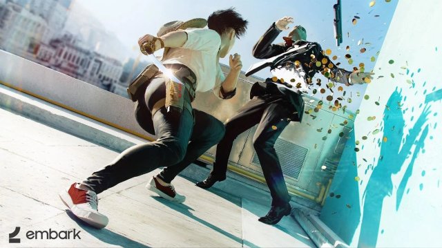 A man in a suit being stabbed and turned into coins in a promo image for The Finals. Image via Embark.