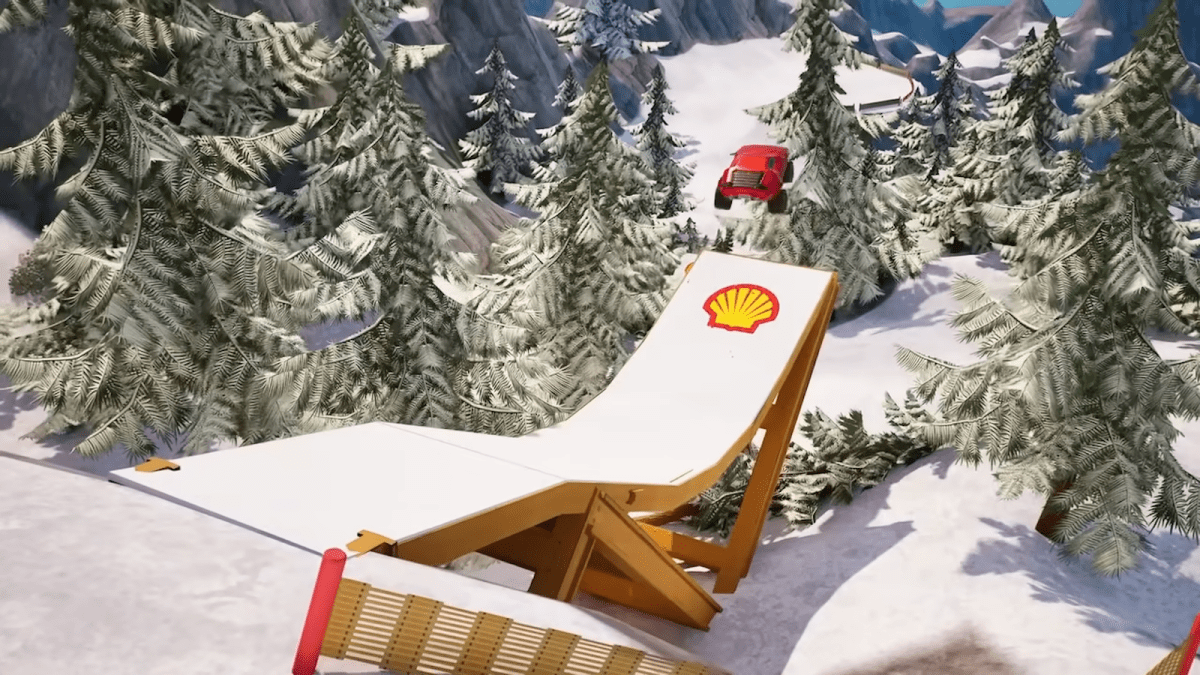 Fortnite Car doing a jump in a snowy forest with a Shell logo on the ramp