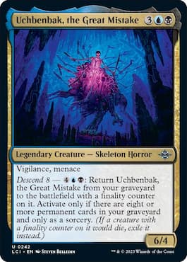 Image of skeleton horror with multiple heads and body parts in a cave on a MTG card in LCI set