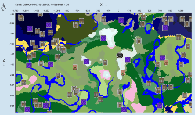 A map of the -2659250400746428090 seed in Minecraft.