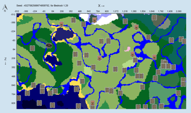 A map of the -4327592569074059702 seed in Minecraft. 