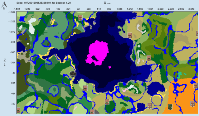 A map of the 1072901690525385019 seed in Minecraft.