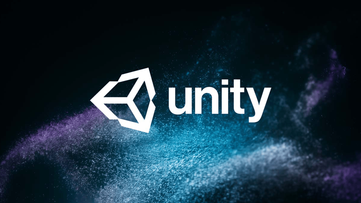 The Unity logo on a black and colorful background.