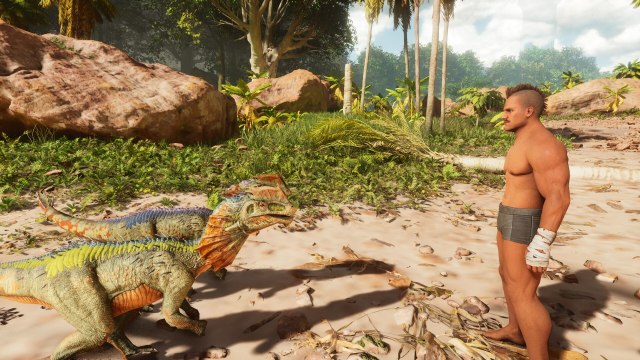 A player staring at some dilophasaurs in Ark: Survival Ascended