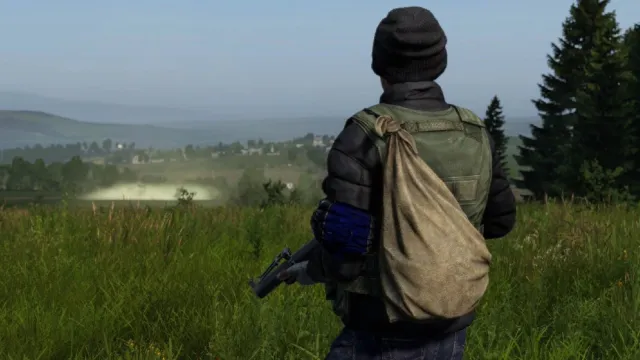 A DayZ character staring into the abyss in an open field.