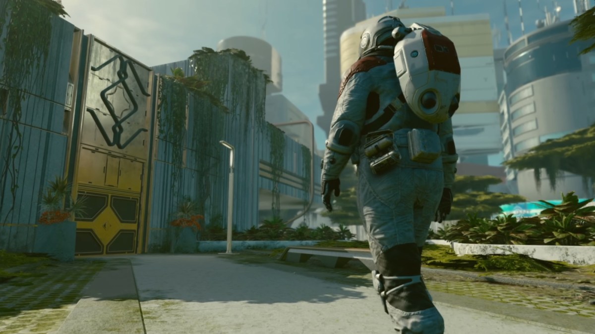 A Starfield character walking in New Atlantis.