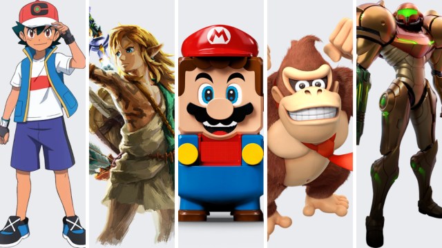 Ash from Pokemon, Link from Zelda, a Lego Mario, Donkey Kong, and Samus from Metroid shown side-by-side.