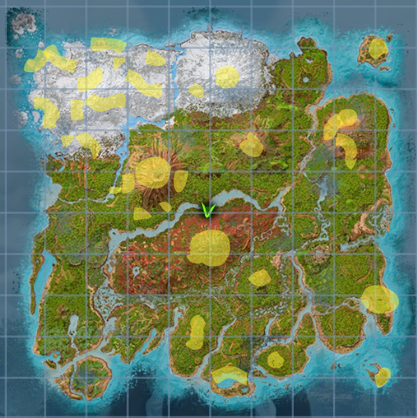 A screenshot of the map in Ark: Survival Ascended with metal nodes highlighted.