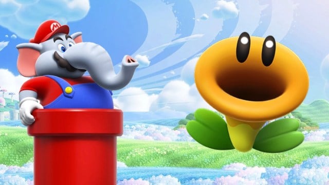 Elephant Mario alongside a Talking Plant in Mario Wonder