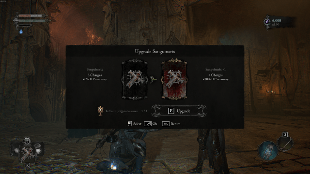 A screenshot from Lords of the Fallen showing a menu to upgrade the Sanguinarix, a cross-like item.