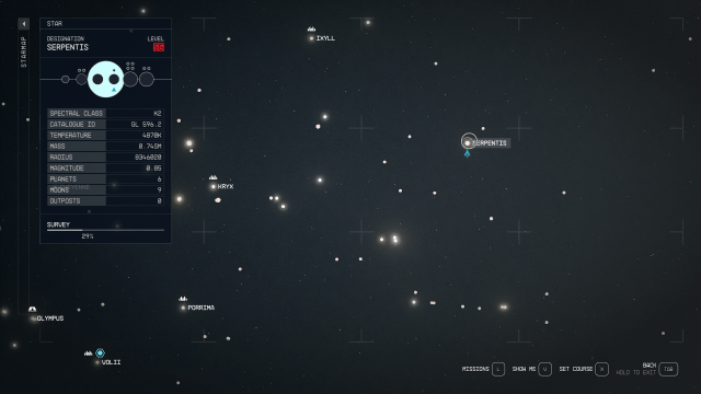 Image of the Star Map in Starfield with the Serpentis system marked by a white circle.