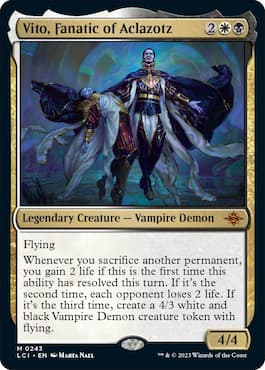 Image of Vito vampire holding a victim in arms floating above ground on MTG card in LCI set