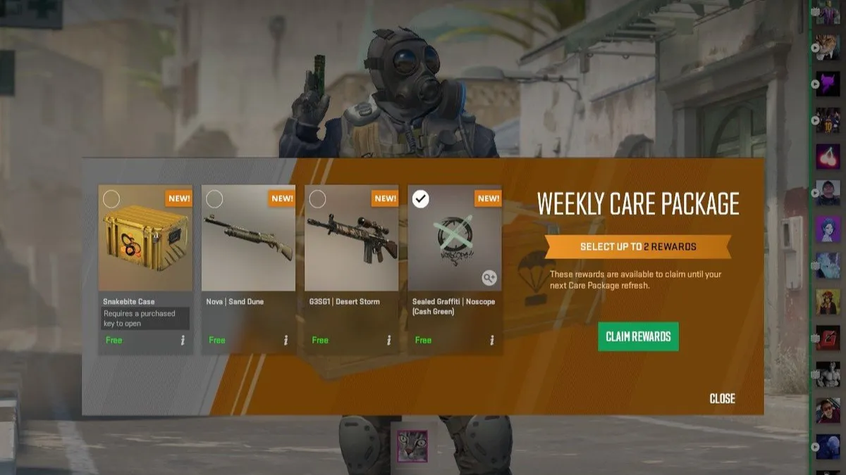 Screenshot taken of a Weekly Care Package in CS2. It features one skin case, two skins, and one graffiti.