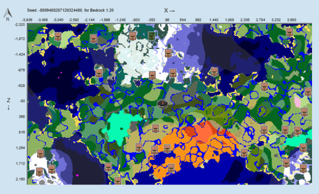 A map of the -8899408267126324480 Minecraft seed.