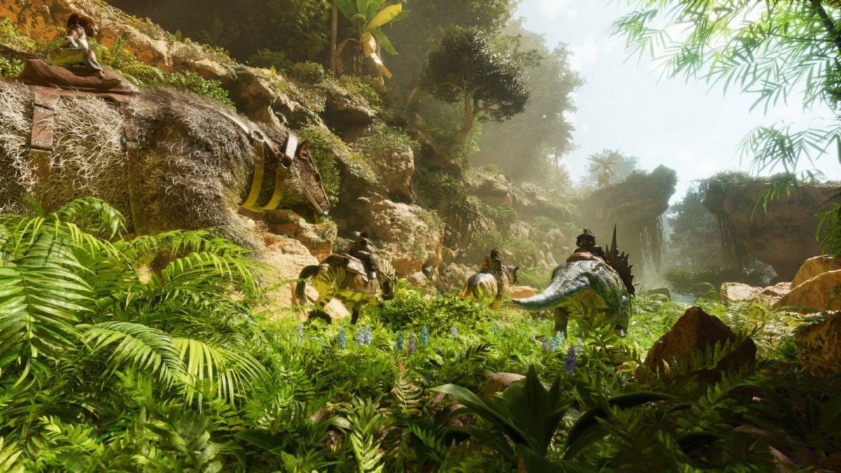 Players in Ark: Survival Ascended riding creatures through a forest.