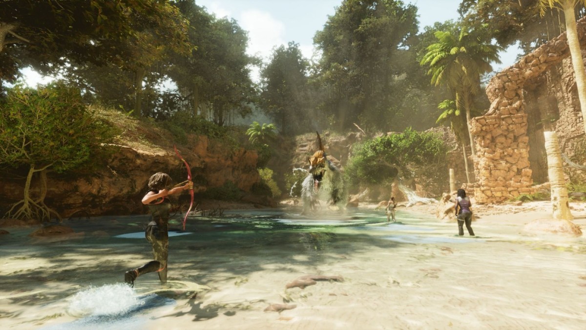 A group of players in Ark: Survival Ascended fighting a Spinosaurus.