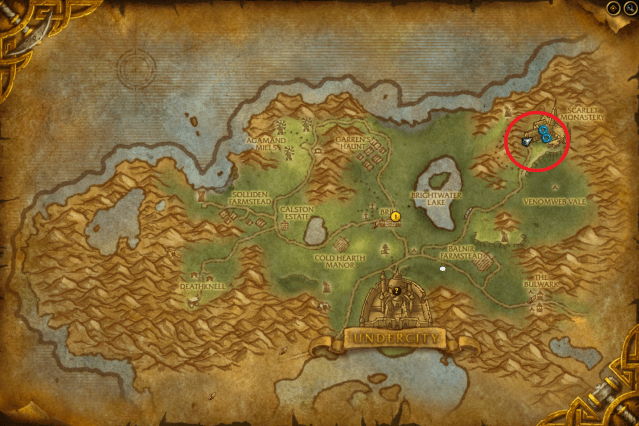 Map of Tirisfal Glades showing where's the entrance to Scarlet Monastery