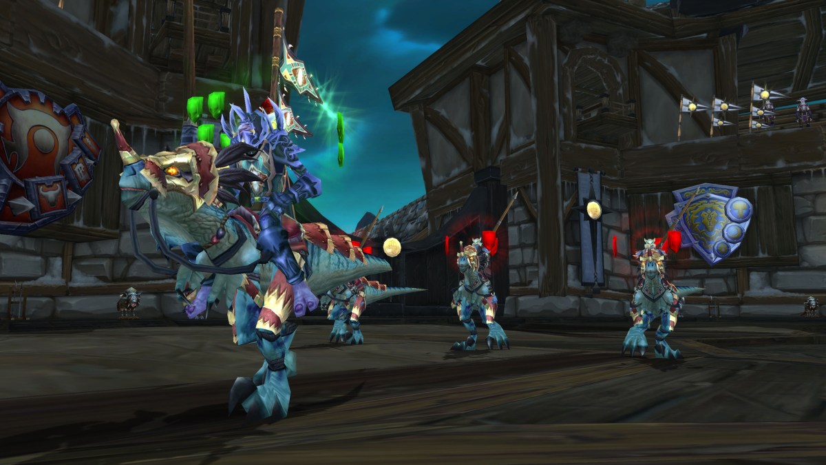 Boss encounter in Trail of the Champion featuring the Champions of the Horde. Trolls can be seen in the foreground riding raptors.