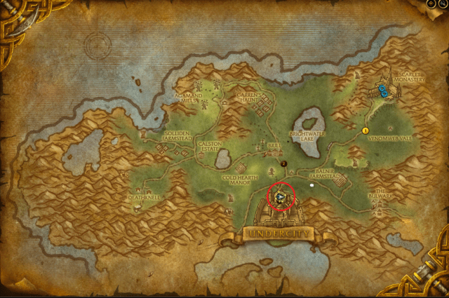 Map of Tirisfal Glades showing where A Ghostly Message quest starts.